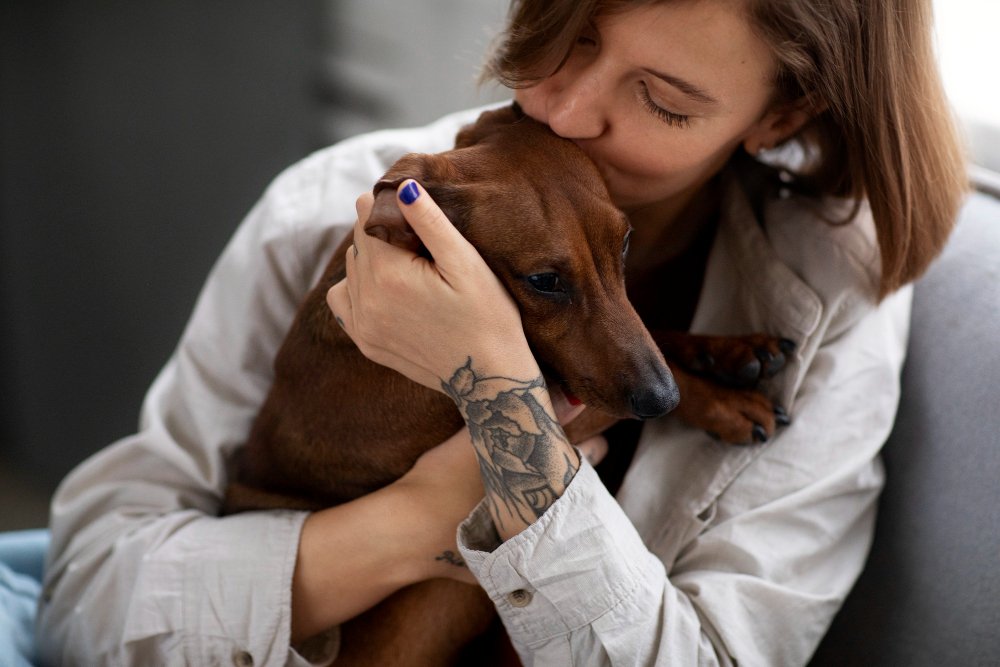 Pet owner sharing a loving Moment with her Dog, Highlighting Mental Health Benefits