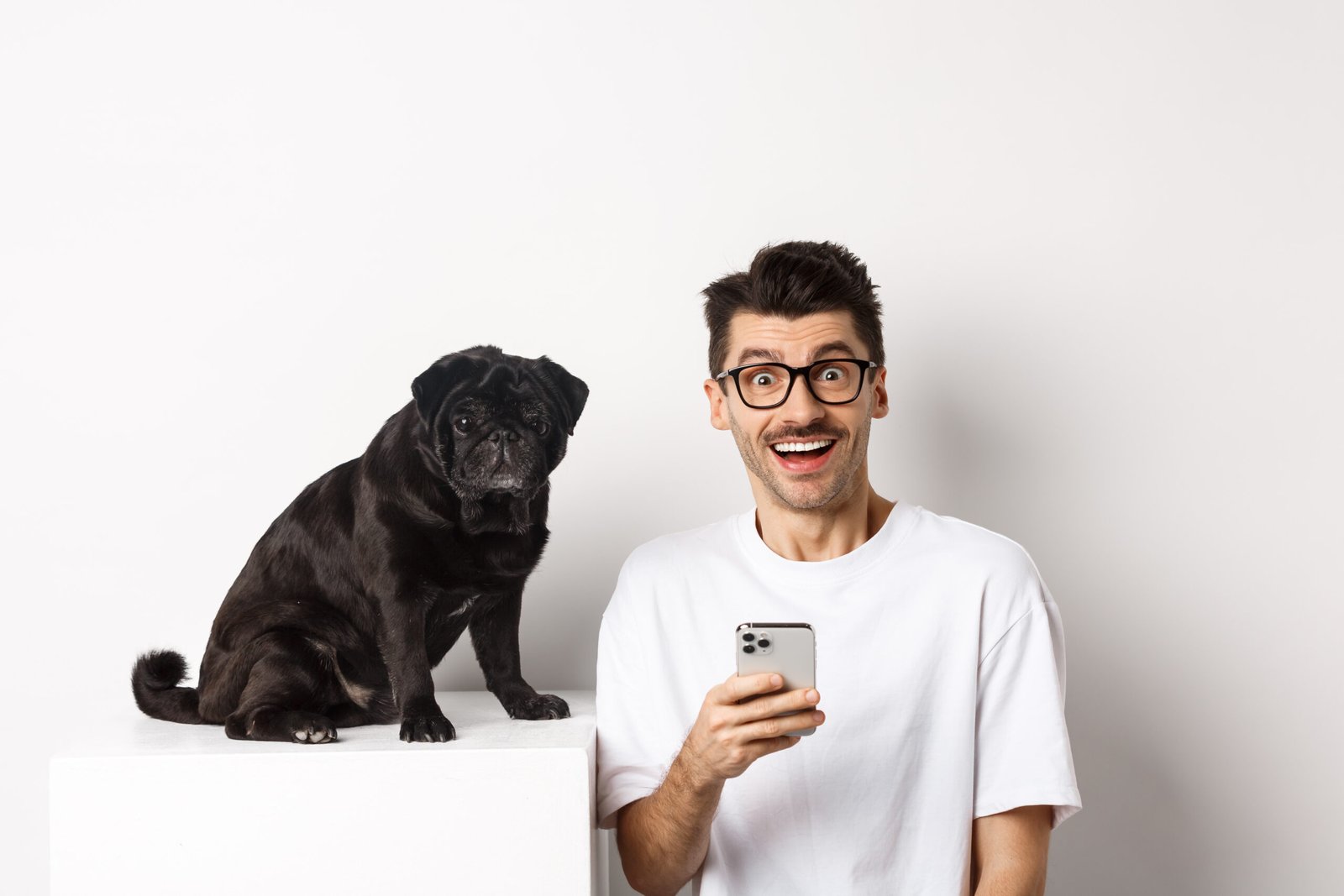 Happy dog and cat with Pawrpose AI App for Pet on a smartphone screen