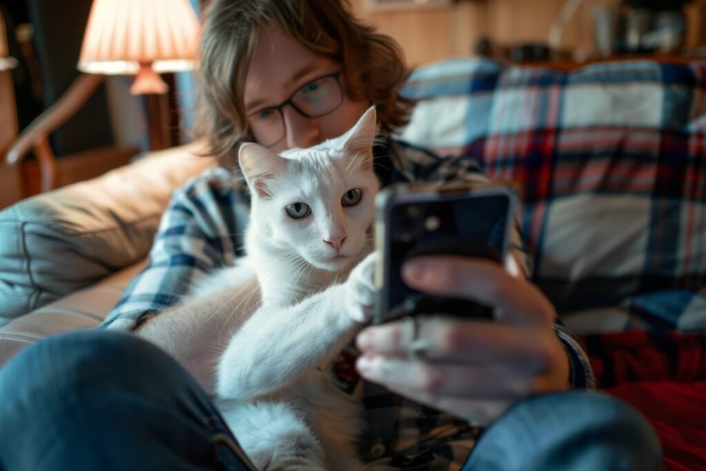 Cat looking directly at the camera while owner types on phone using Pawrpose app