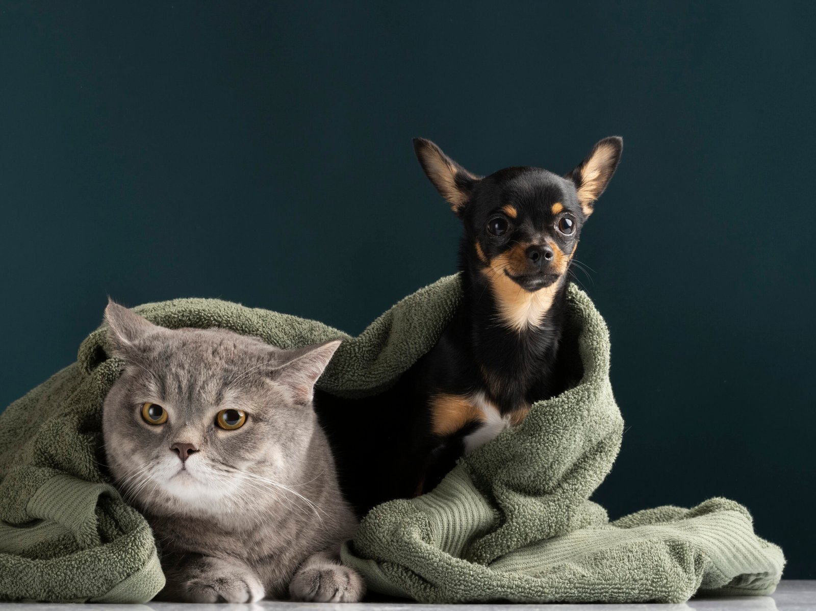 Cat hiding under towel with a dog looking jealous